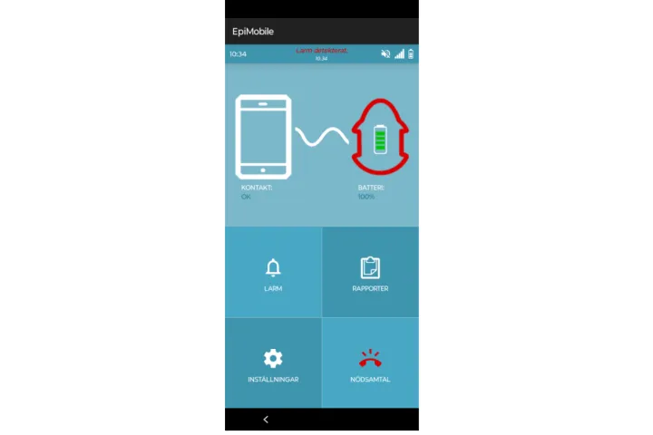 EpiMobile startskärm med pågående larm